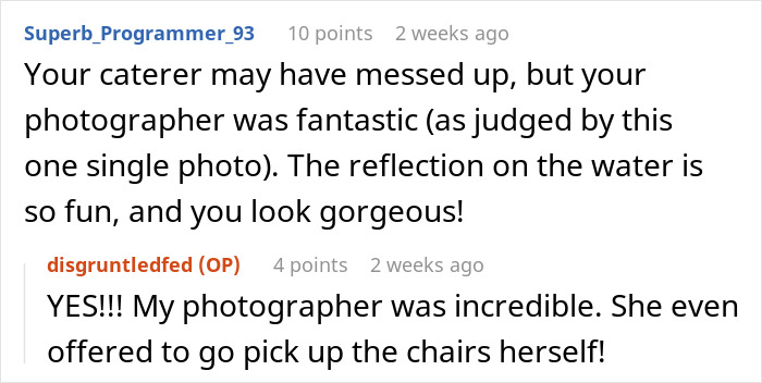 Comment thread discussing a bride's experience with caterers mixing up the wedding date an hour before ceremony.