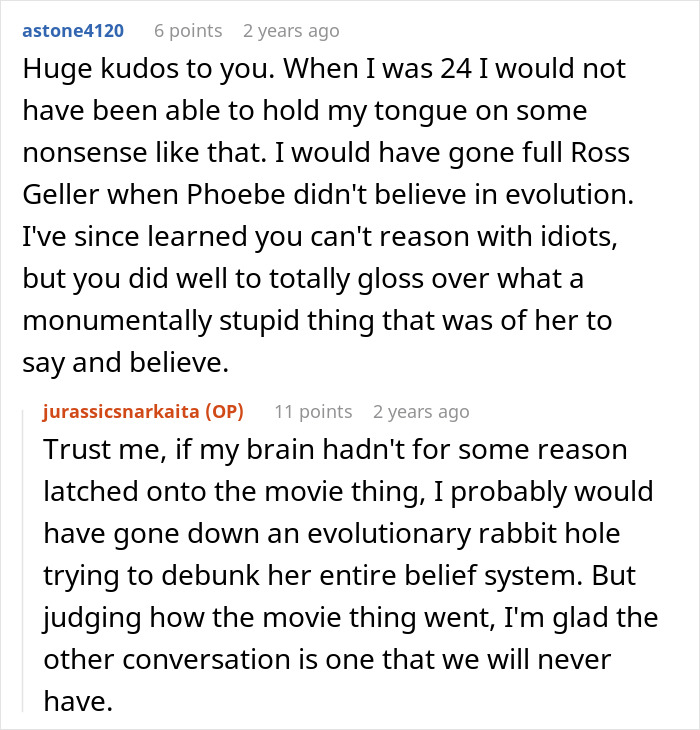 Online discussion about woman who doesn&rsquo;t believe in dinosaurs and conflict over Jurassic Park movie watching.