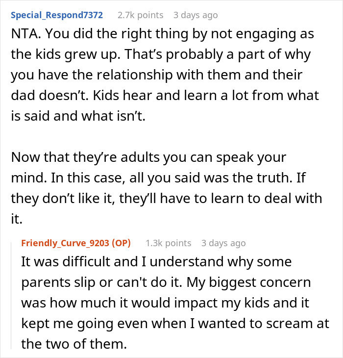 Screenshot of a Reddit conversation discussing a dad destroying his marriage and kids choosing to go no-contact.