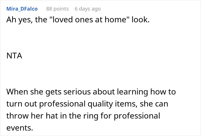 Screenshot of an online comment discussing a woman refusing to wear her niece&rsquo;s handmade dress for a career event.