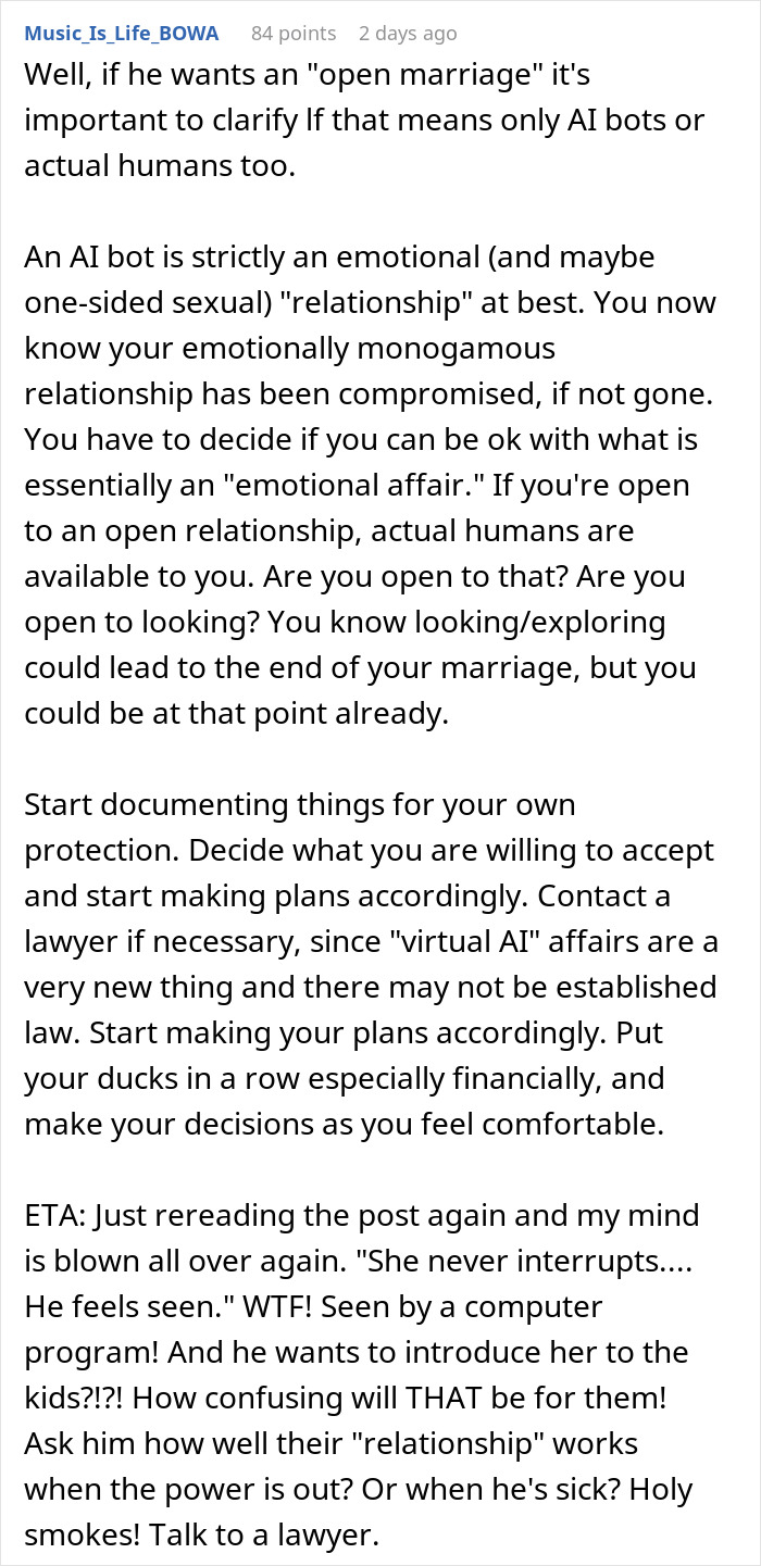 Text post discussing emotional challenges and legal advice for women questioning marriage after husbands develop feelings for AI girlfriends. Text post discussing emotional challenges and legal advice for women questioning marriage after husbands develop feelings for AI girlfriends.