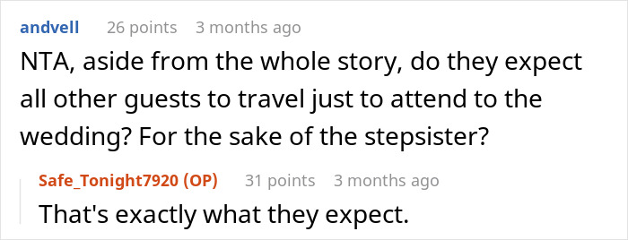 Reddit discussion about a guy refusing to relocate wedding for disabled stepsister, causing major family drama online. - 27