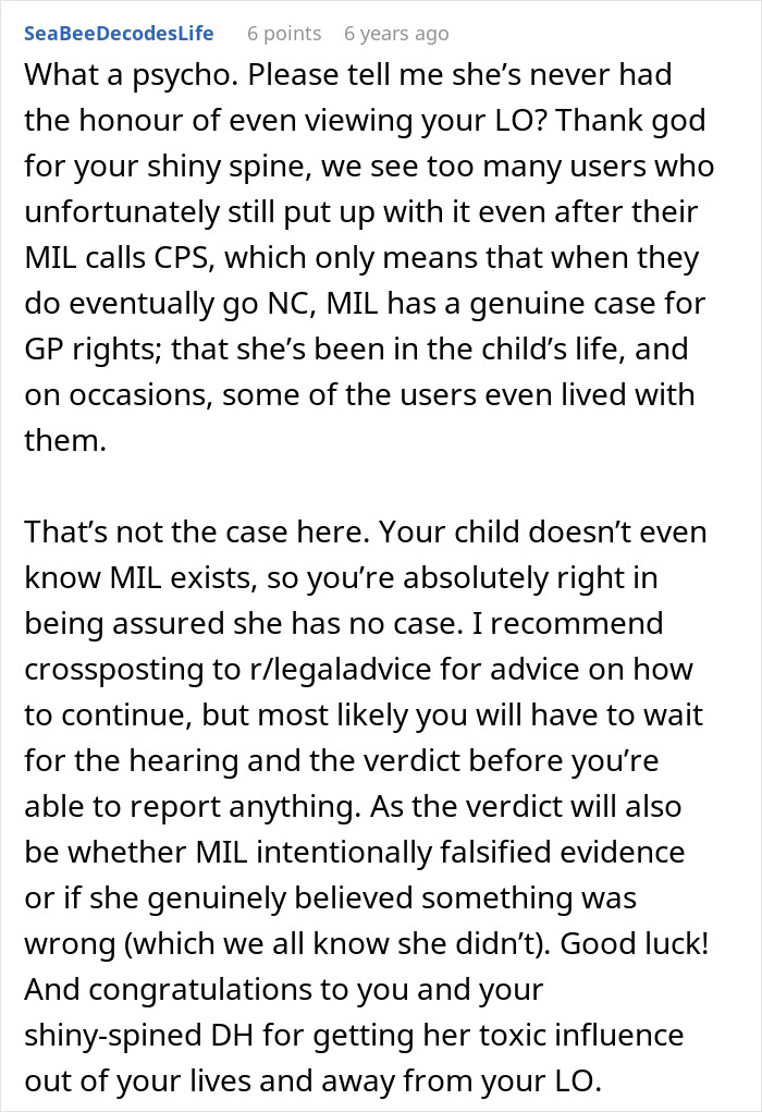 Comment discussing psycho MIL suing for custody after falsely reporting couple to CPS for years, highlighting family legal struggles.