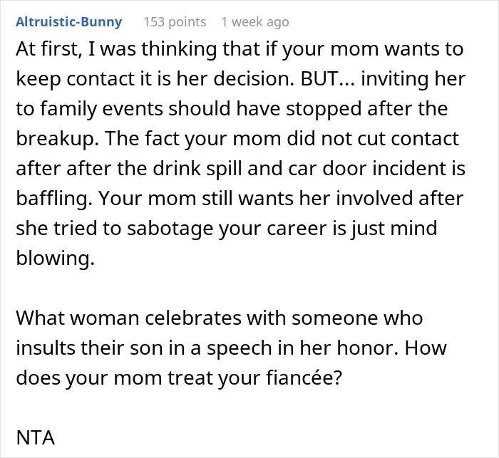 Screenshot of a forum comment discussing a man threatening to cut off his mother over her friendship with his vengeful ex. - 35