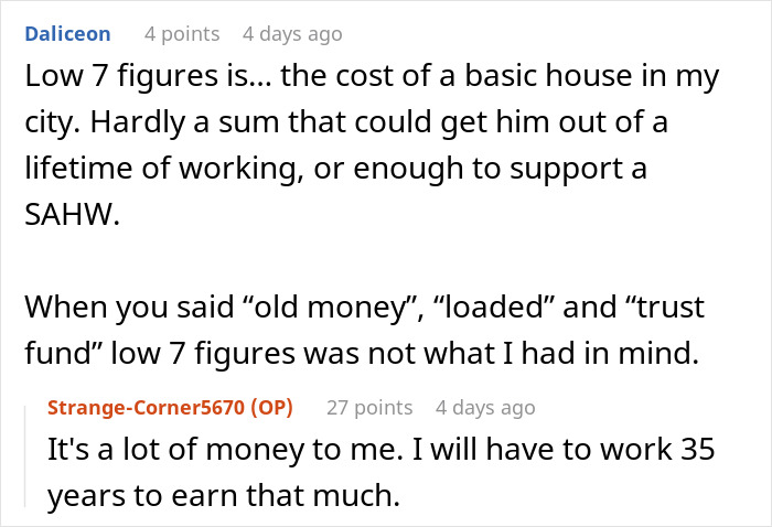 Screenshot of a Reddit conversation discussing financial expectations related to stay-at-home wife support and income figures. - 18