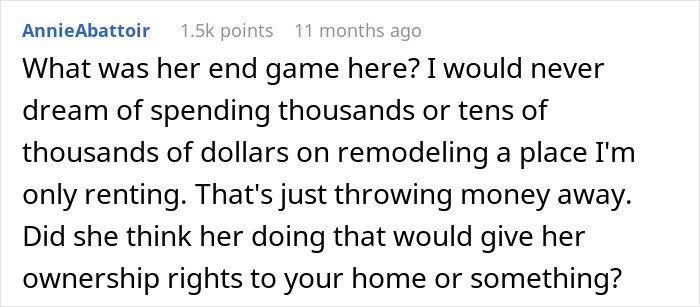 Comment about woman finding contractors quoting remodel jobs on her home, suspecting a roommate's remodel plot.