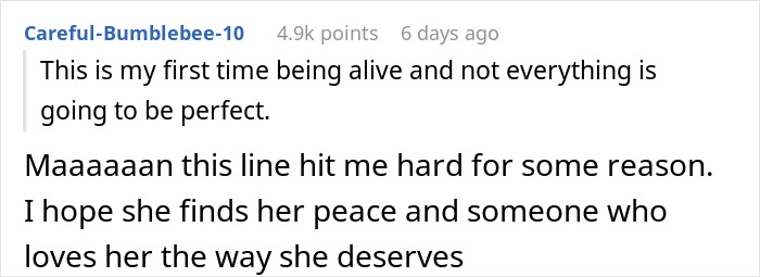 Comment expressing hope that a wife finds peace and love after husband demands child and opens marriage. - 83