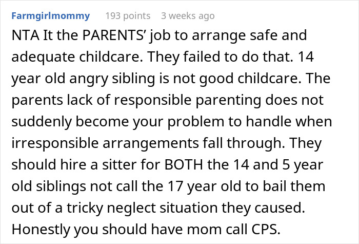 Commenter discusses teen refusing to babysit, highlighting lack of responsible parenting and leaving 5-year-old alone for hours. - 26