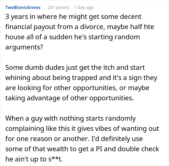 Comment discussing a husband feeling trapped and wife&rsquo;s brutal reality check in front of friends about relationship issues.