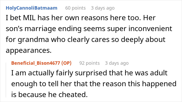 Screenshot of an online discussion where a MIL is called out for teaching her son that cheating is ok.