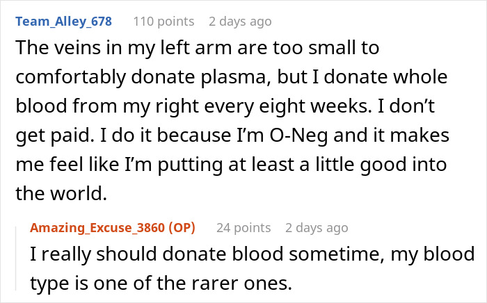 Text conversation about challenges in donating plasma and blood, mentioning a woman denied plasma donation and accusing staff of racism. Text conversation about challenges in donating plasma and blood, mentioning a woman denied plasma donation and accusing staff of racism.