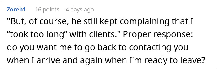 Screenshot of a forum comment discussing being told to message after every client but then being ignored for hours. - 26