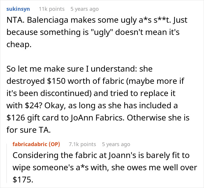Reddit discussion about woman’s beloved $25 yard fabric ruined by guest’s kids and debate over replacement value. - 24