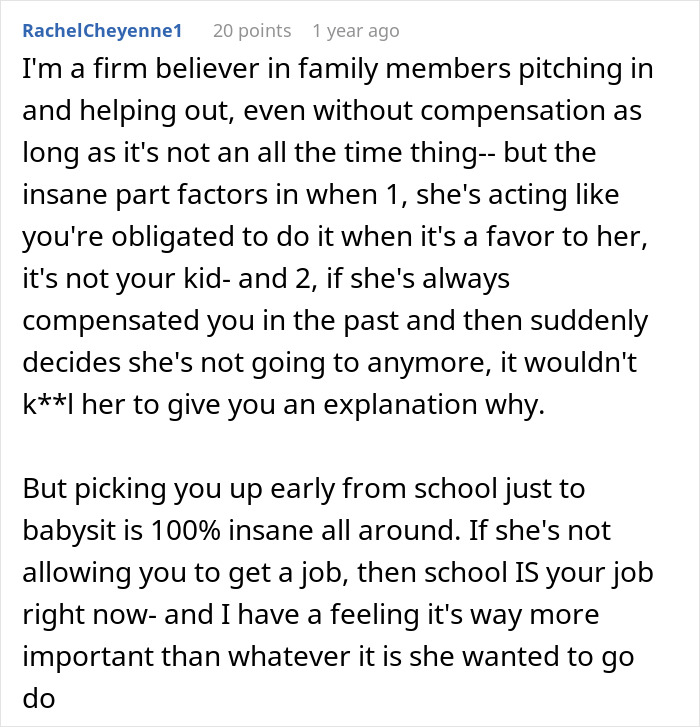 Comment discussing family dynamics and fairness around teen babysitting compensation with mom and nail appointment conflict.