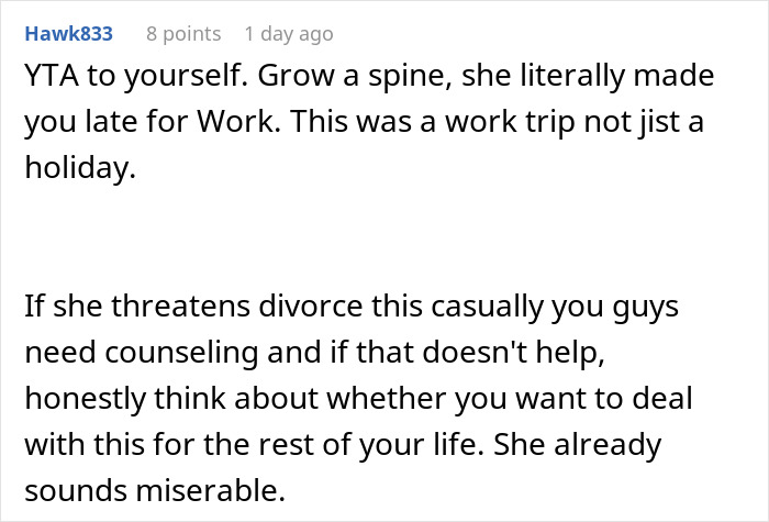 Screenshot of an online comment discussing a wife filing for divorce after husband points out her travel-related weird quirk. - 43