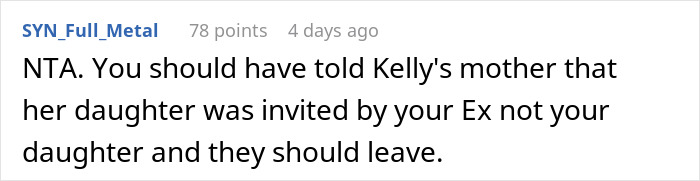 Screenshot of an online comment discussing a mom inviting an unwanted guest to her daughter’s party causing conflict. Screenshot of an online comment discussing a mom inviting an unwanted guest to her daughter’s party causing conflict.