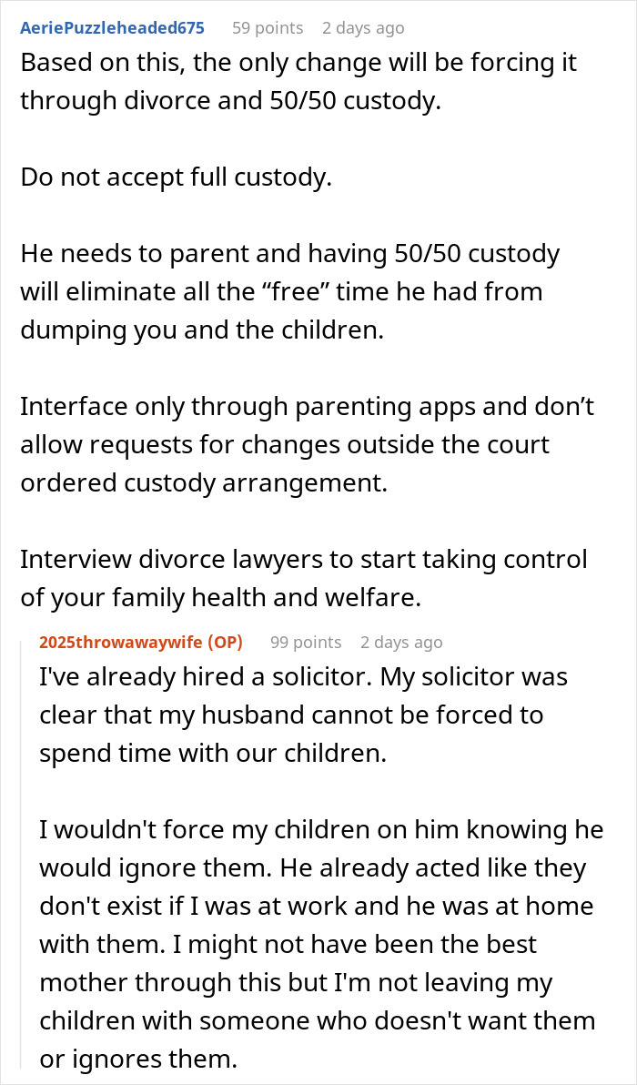 Text conversation discussing custody, parenting challenges, and a mom feeling failed due to husband&rsquo;s new hobby impacting marriage.