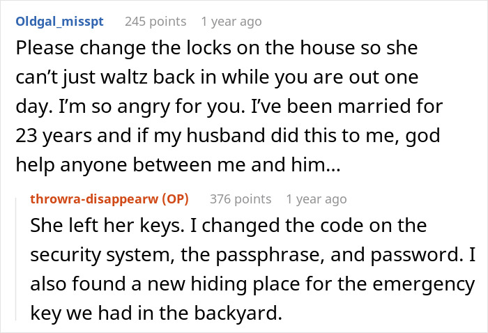 Text conversation about woman leaving husband to find herself, discussing security changes and emotional reactions online.