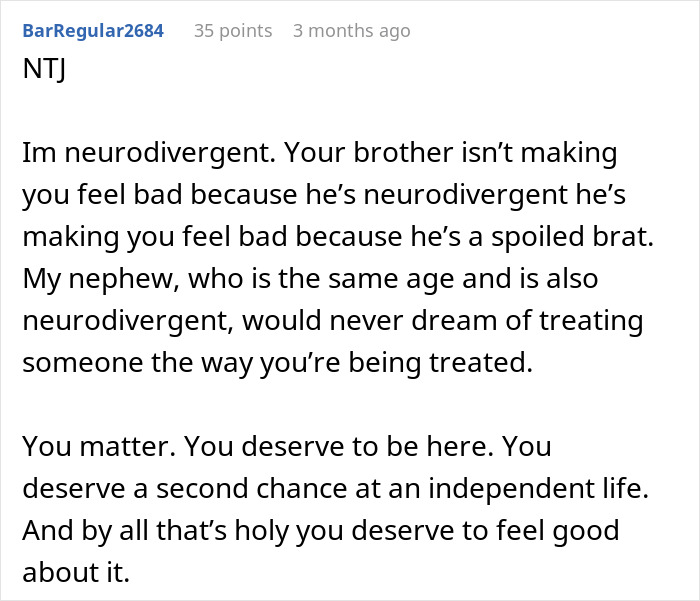 Comment discussing neurodivergence and sibling treatment in relation to a girl surviving cancer and accepting a prosthetic leg.
