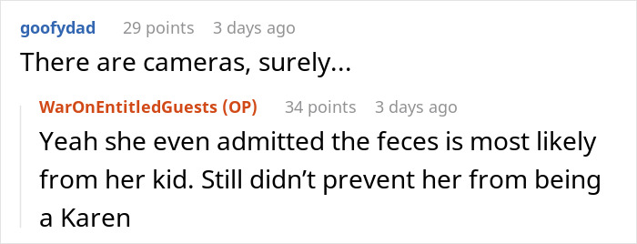Reddit comments discussing a Karen’s kid poop incident at a hotel pool, mentioning cameras and feces admission. - 17