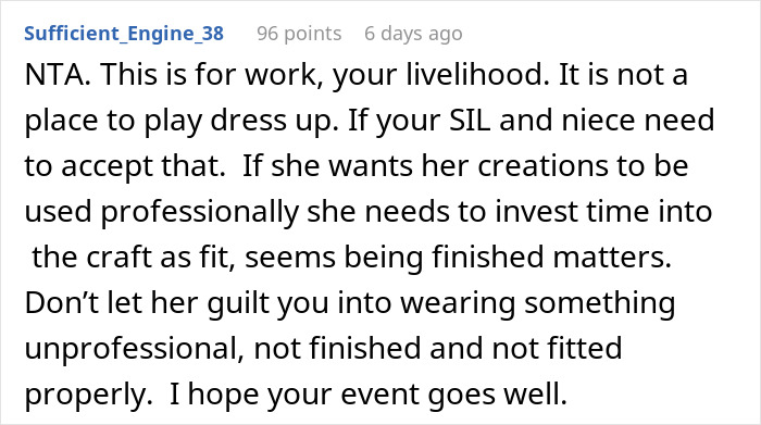 Comment discussing a woman refusing to wear niece&rsquo;s handmade dress for a career event citing professionalism.