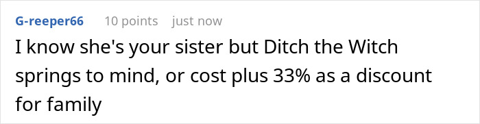 Comment discussing sister shutting down bride’s demands about husband’s car service business and family discounts - 26