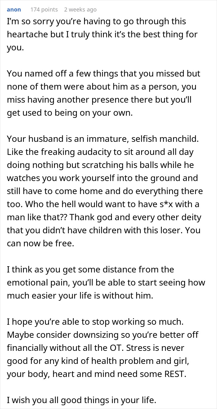 Comment expressing sympathy for wife dealing with husband demanding child and open marriage, offering support and advice. - 90