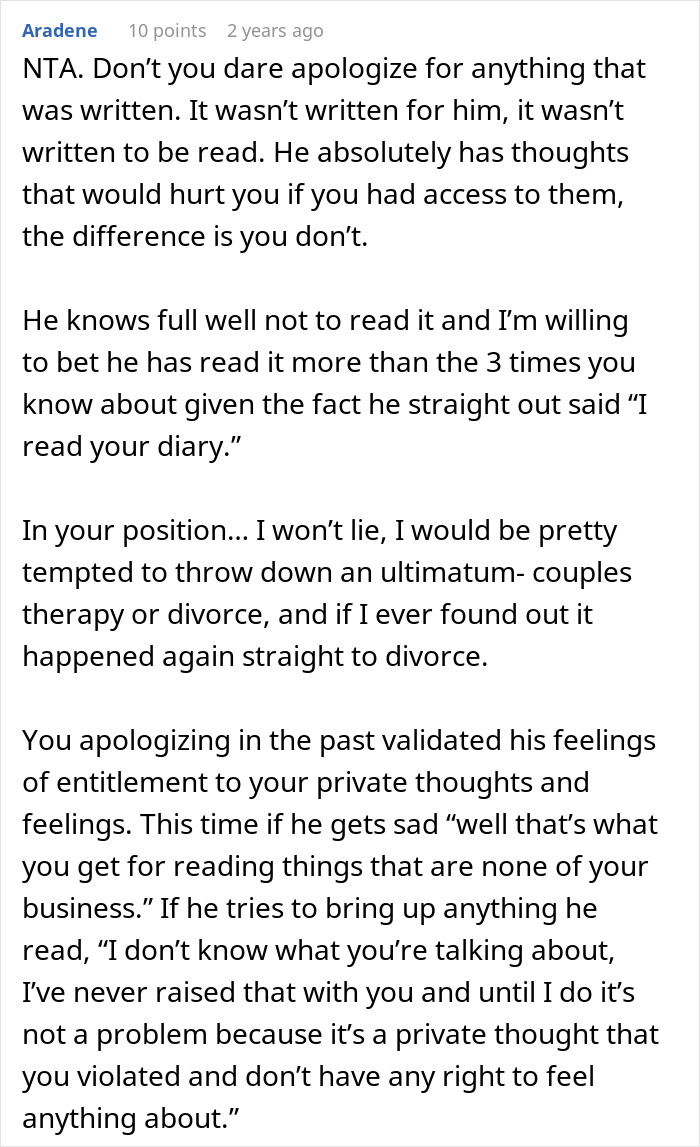 Comment discussing a man’s reaction after reading his wife’s diary behind her back, addressing relationship and privacy issues. Comment discussing a man’s reaction after reading his wife’s diary behind her back, addressing relationship and privacy issues.