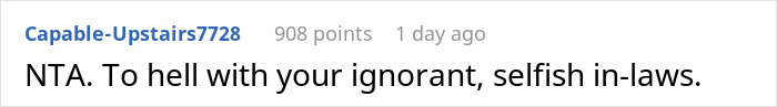 Screenshot of an online comment criticizing in-laws for calling a bride self-centered over autistic nephew dispute. Screenshot of an online comment criticizing in-laws for calling a bride self-centered over autistic nephew dispute.