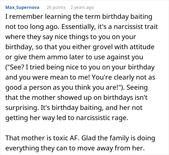 Comment explaining birthday baiting as a manipulative mom trait in a toxic mom-daughter story drama. - 80