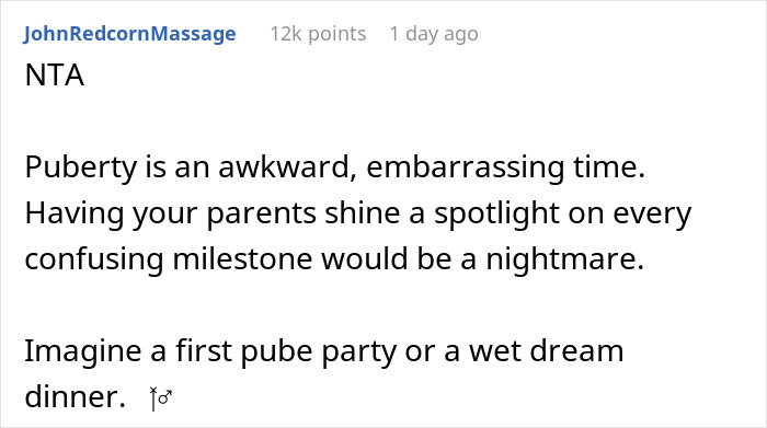 Screenshot of online comment discussing puberty and parents spotlighting milestones during menstruation celebration debates. - 25