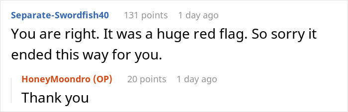 Screenshot of an online conversation where a user expresses sympathy for the bride&rsquo;s protests to change the caterer.