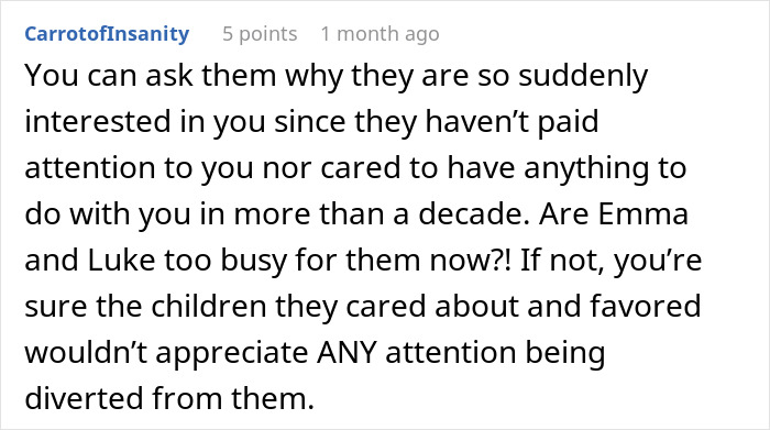 Comment discussing parents favoring adopted kids over bio son and their sudden interest after years of neglect and lack of attention. - 54