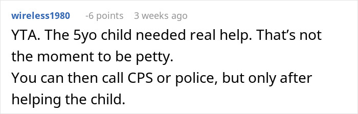 Comment text criticizing teen who refused to babysit 5-year-old during emergency, highlighting child’s need for real help. - 38