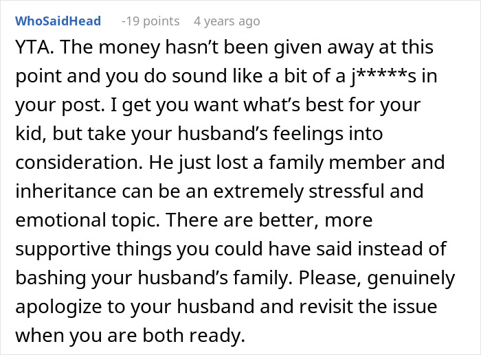 Comment discussing husband’s promise of daughter’s inheritance to freeloader sister and wife’s reaction to the conflict. - 34