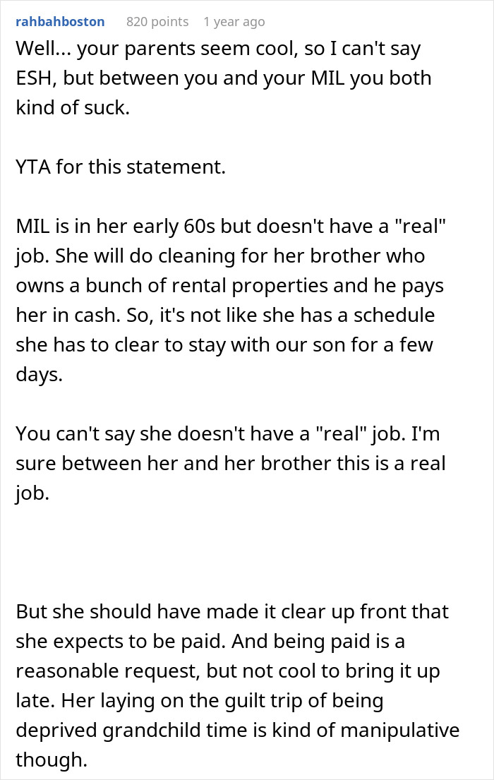 Reddit comment discussing refusal to pay MIL for babysitting toddler and the expectations of compensation.