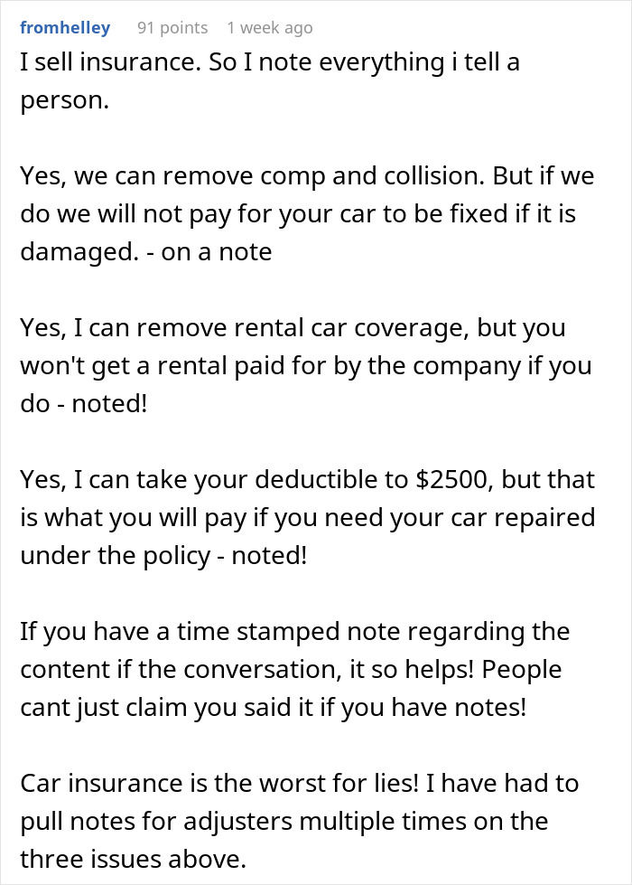 Man explaining property shepherd favor by not moving car and consequences related to insurance coverage and notes.