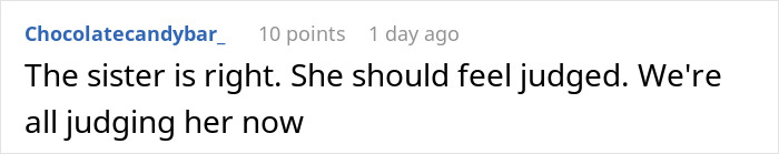 Comment text about a woman leaving a friend's party after being used as a babysitter by her sister. - 25