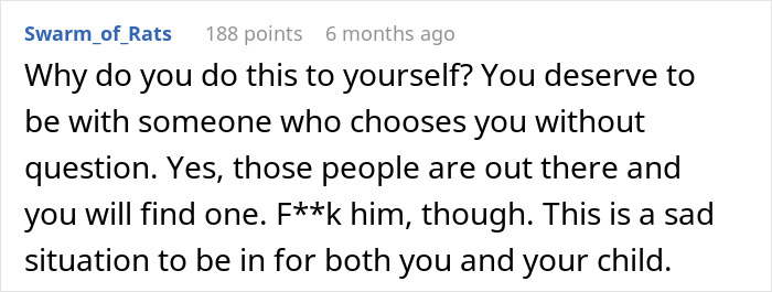 Comment from Swarm_of_Rats expressing concern about staying with a boyfriend-ex-gf situation and its impact on a child.