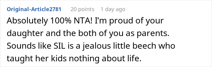 Screenshot of a forum comment praising a 21-year-old spending money on a family vacation despite aunt's jealousy and cousins' reaction.