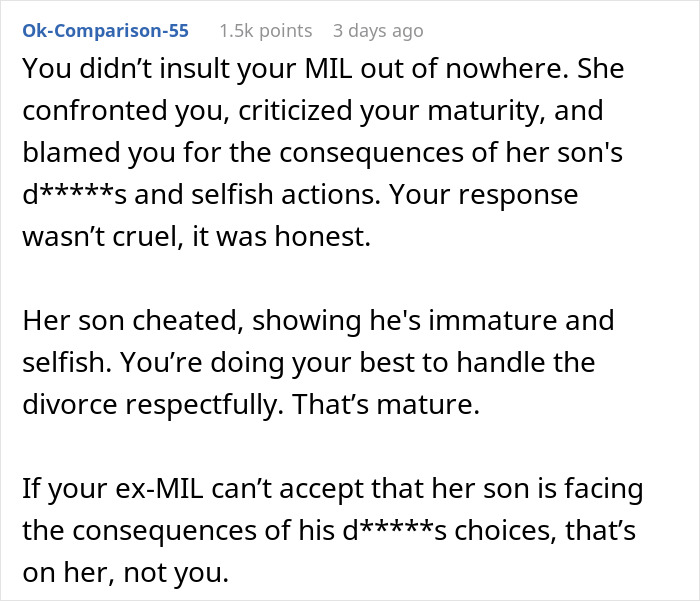 Text discussion on MIL left shocked after woman calls her out for teaching her son cheating is okay and being a cruel monster.
