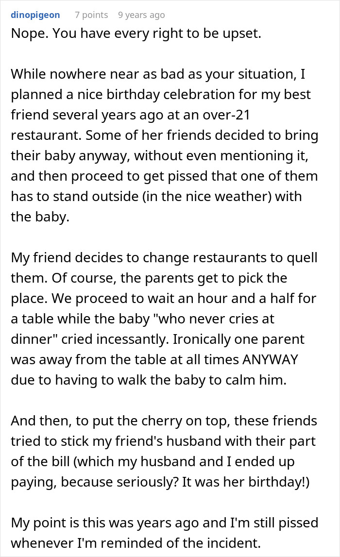 Screenshot of a forum comment discussing a disruptive birthday celebration involving demanding free childcare and ruining the event. - 30