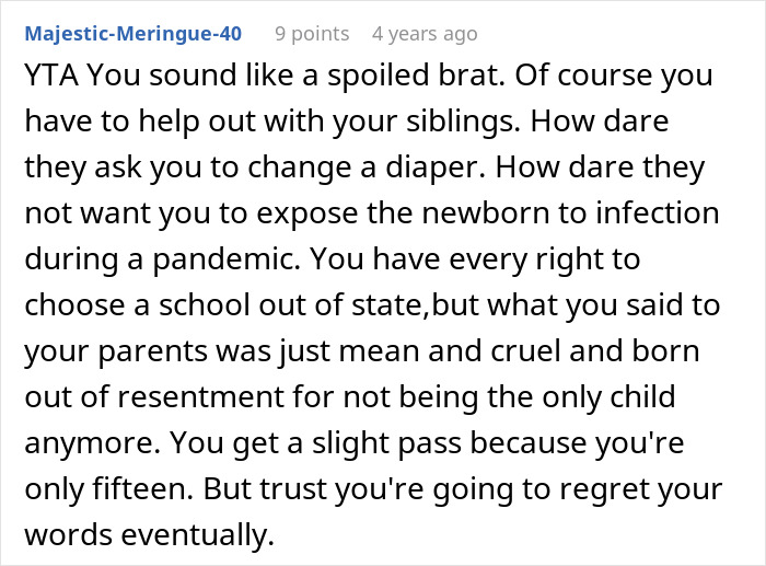 Reddit comment criticizing a teen refusing to be live-in babysitter for parents, highlighting family tension and pandemic concerns. - 44