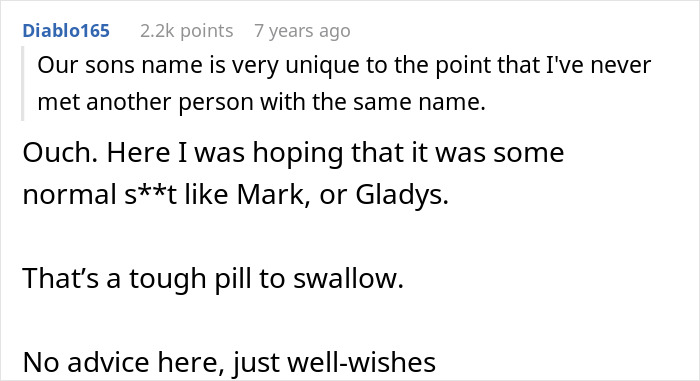 Reddit comment about a husband feeling sick after realizing who their son is named after, discussing unique baby names. - 22