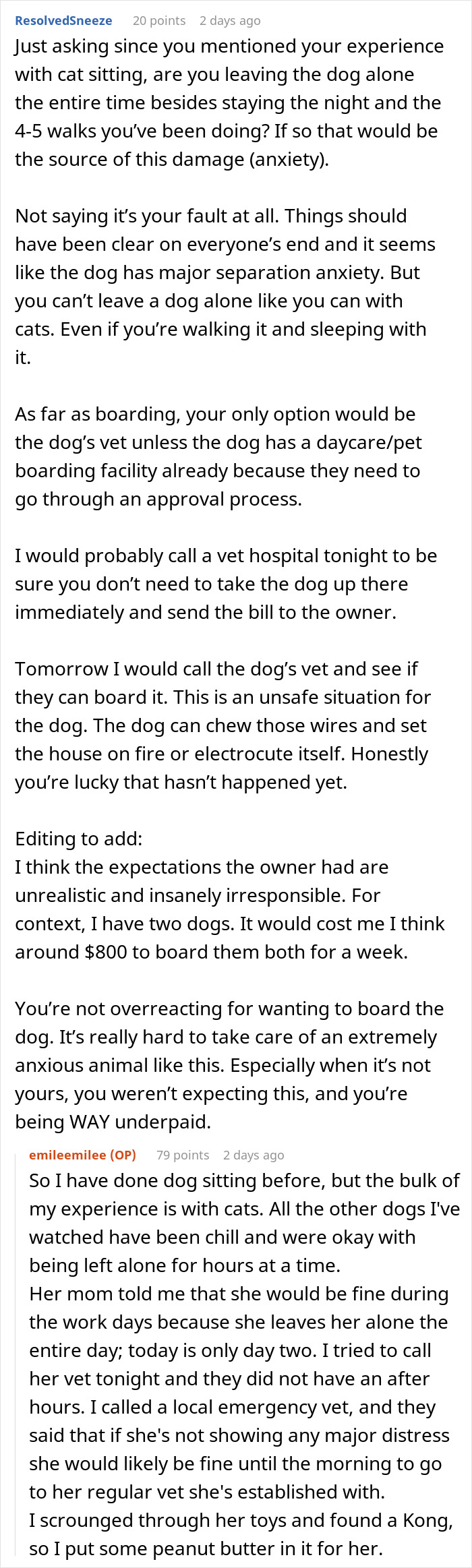 Reddit discussion about friend insisting to board dog due to anxiety and care challenges during pet sitting.