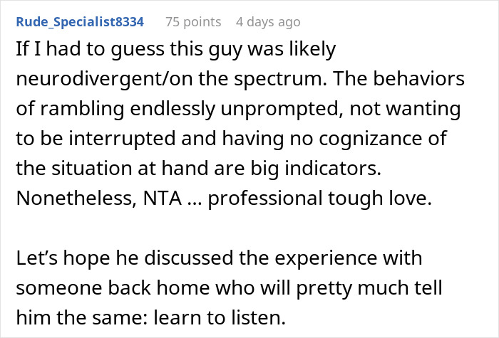 Comment discussing a job interview scenario with insights about behavior and advice on learning to listen.