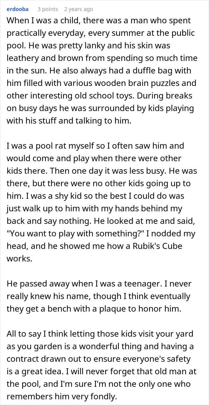 Man bans children from his property due to entitled parent, sharing a story about old man and kids at the pool. - 43
