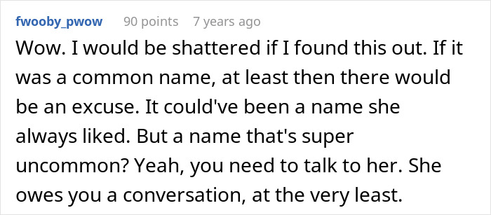 Screenshot of a heartfelt comment reacting to a husband feeling sick after realizing who their son is named after. - 31