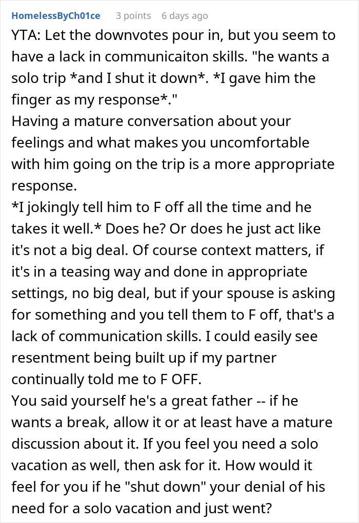 Man wants a solo trip while wife cares for 7-year-old and 8-month-old twins, facing a reality check in family dynamics. - 45