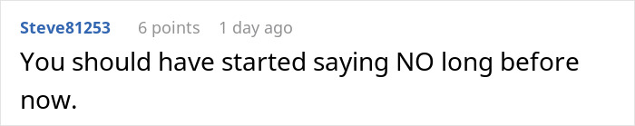Comment text on a white background about refusing to lend money to a grifter neighbor and being accused unfairly.